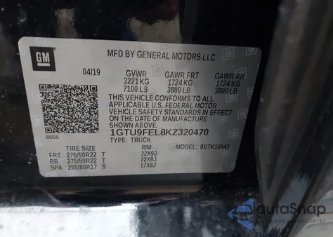 2019 GMC Sierra 1500 Denali z USA, uszkodzony, nr VIN 1GTU9FEL8KZ320470